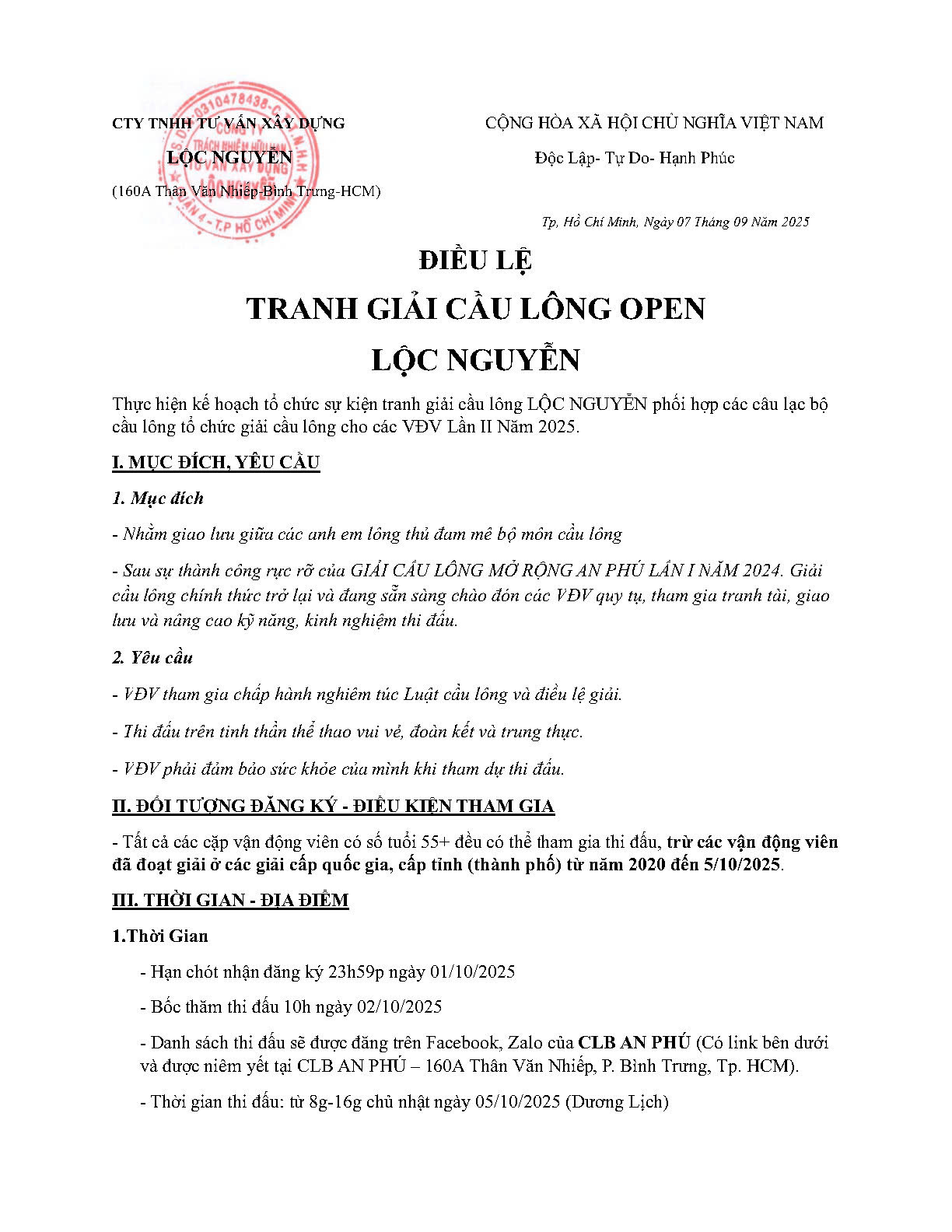 Giải Cầu Lông LỘC NGUYỄN mở rộng lần II